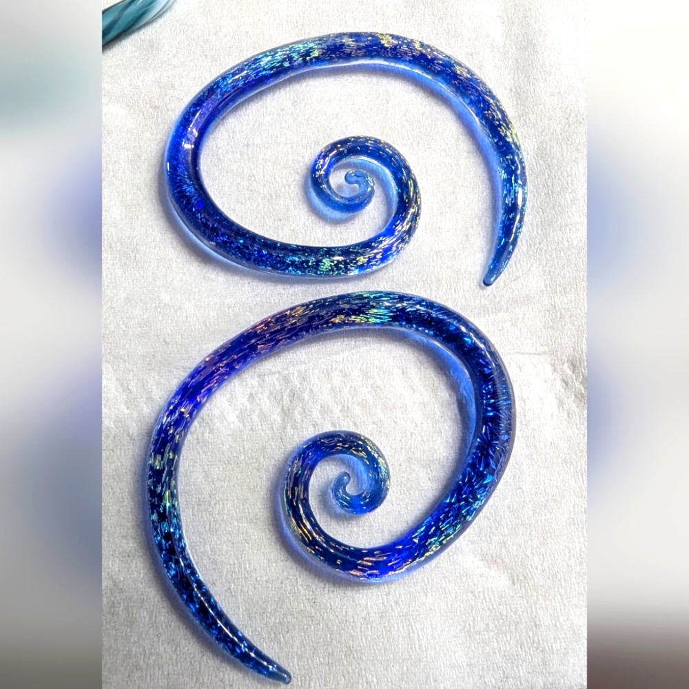 8g 1 pair of Large blue rainbow Dichroic glass gauged Super Spiral earrings